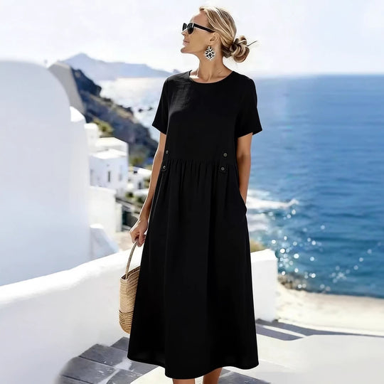 Damen Langes Leinenoptik-Sommerkleid mit geraffter Taillenpartie und Eingrifftaschen Shop Nory