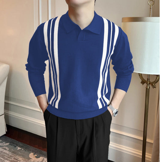 Herren Polokragen-Strickpullover mit markanten Längsstreifen und schmaler Passform Shop Nory