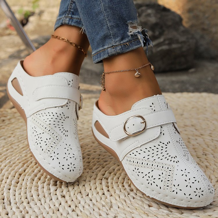 Damen Atmungsaktive Lederimitat-Mules mit ergonomischem Komfortfußbett und Zierschnitt Shop Nory