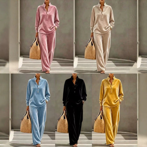 Damen Velours-Loungewear-Set mit Stehkragen-Henleytop und weiter Palazzohose Shop Nory