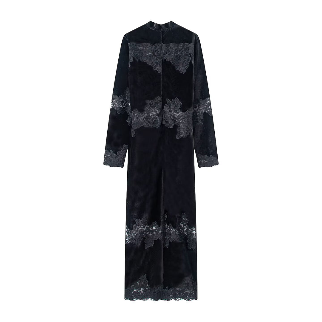 Damen Samt-Maxikleid mit Spitzenbesatz, Stehkragen und langen Ärmeln Shop Nory