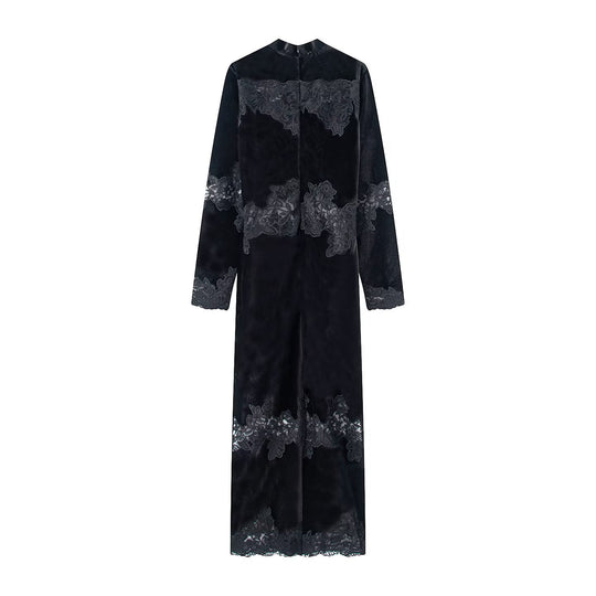Damen Samt-Maxikleid mit Spitzenbesatz, Stehkragen und langen Ärmeln Shop Nory