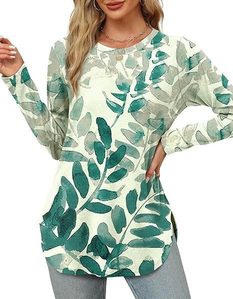 Damen Lässiges Longsleeve-Tunikaoberteil mit Rundhalsausschnitt, Seitenschlitzen und Aquarell-Blattprint Shop Nory