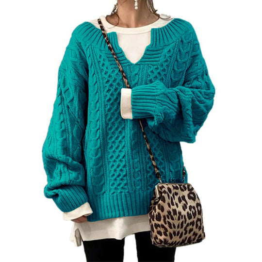 Damen nan weit geschnittener Strickpullover mit Zopfmuster und V-Ausschnitt Shop Nory
