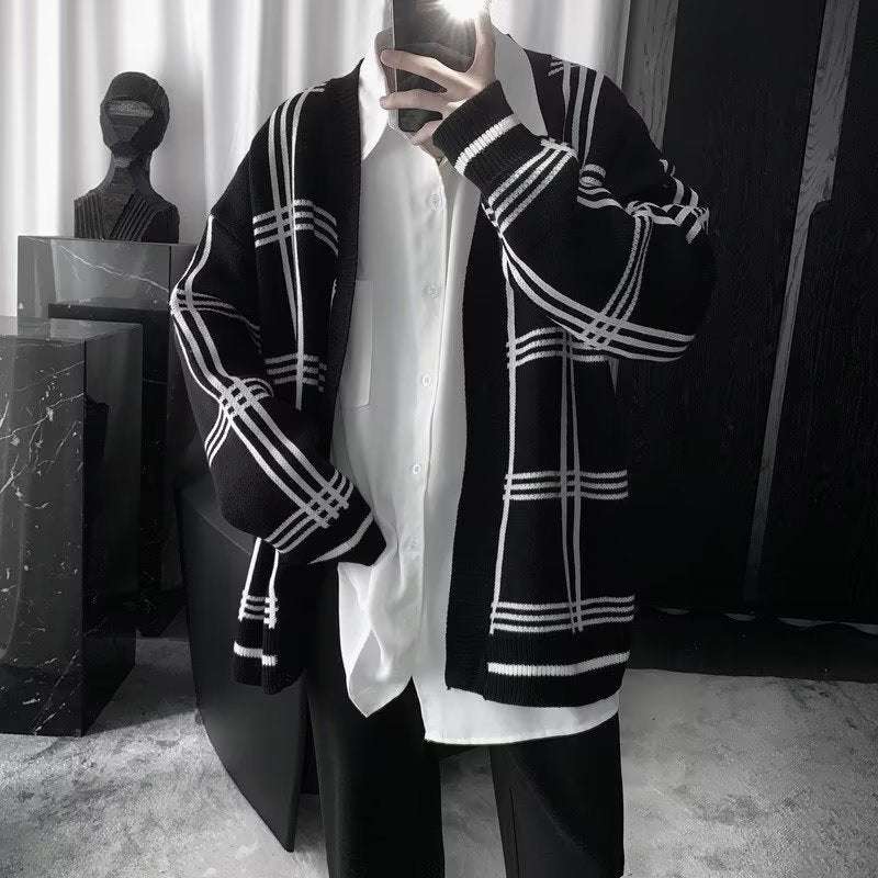 Herren Oversized Strickcardigan mit Karomuster und offener Front Shop Nory