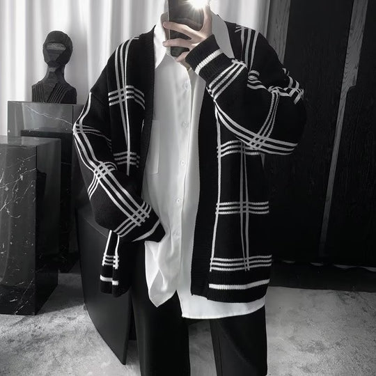 Herren Oversized Strickcardigan mit Karomuster und offener Front Shop Nory