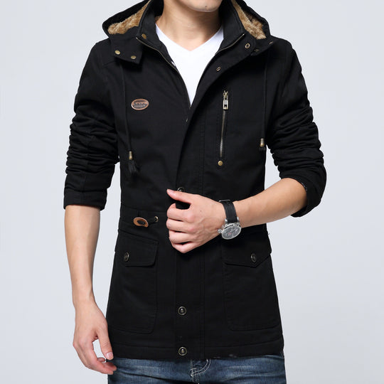 Herren leichter Utility-Parka mit Kapuze, Teddyfutter im Kragen und vertikaler Reißverschlusstasche Shop Nory