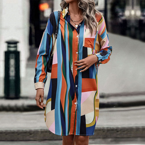 Damen Hemdblusenkleid mit grafischem Blockstreifen, tailliertem Gürtel & durchgehender Knopfleiste Shop Nory