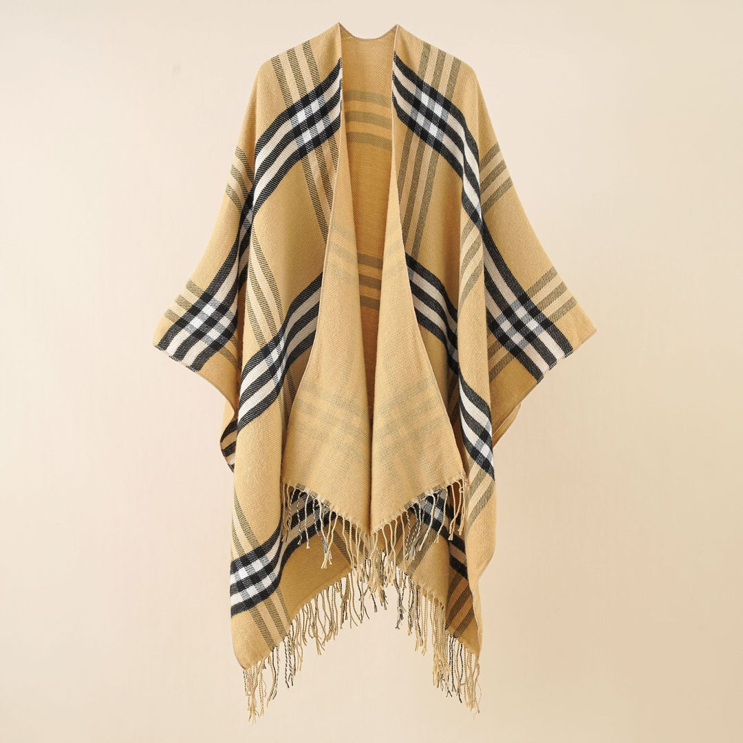 Damen Oversize-Umhang mit Karomuster, Fransen und Wolloptik Shop Nory