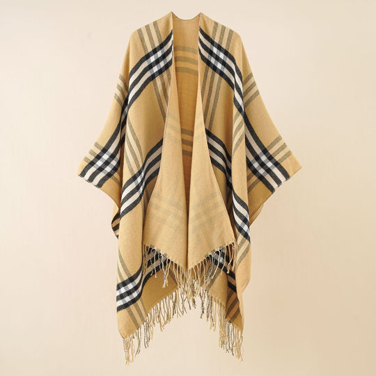 Damen Oversize-Umhang mit Karomuster, Fransen und Wolloptik Shop Nory