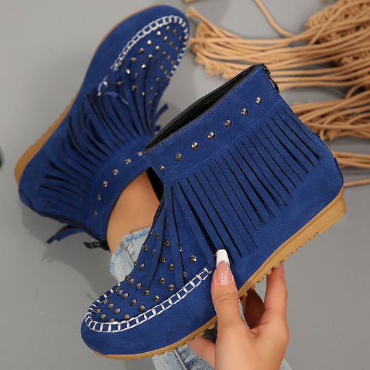 Damen Fransen‑Ankleboots im Mokassinstil mit Nieten und Rückenreißverschluss Shop Nory