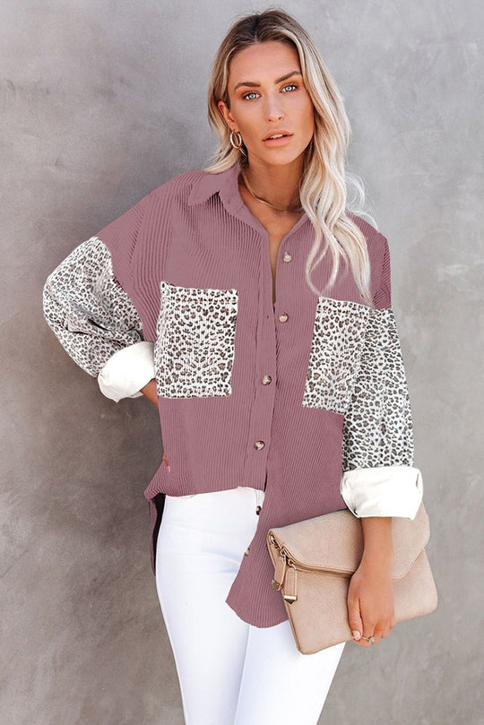 Damen Oversize-Hemdbluse mit Strukturstoff und Leo-Print Einsätzen Shop Nory