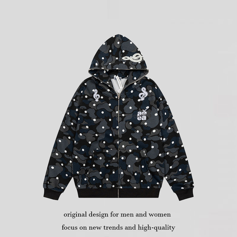 Damen Kapuzen-Sweatjacke mit Camouflage-Allover, Notenstickerei und durchgehendem Reißverschluss Shop Nory