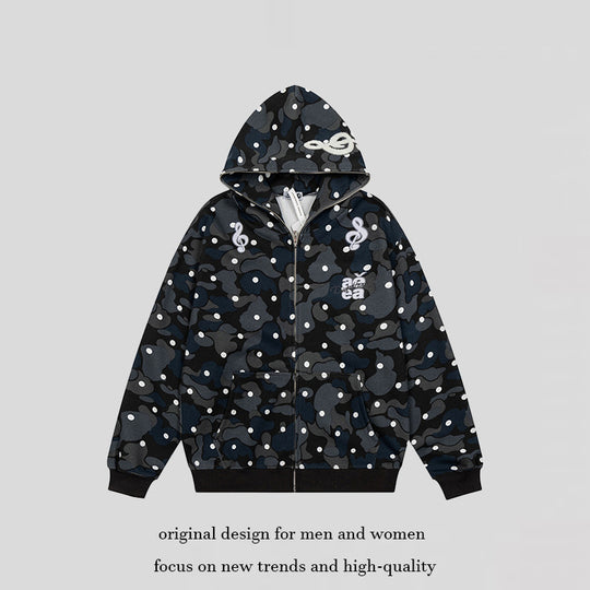 Damen Kapuzen-Sweatjacke mit Camouflage-Allover, Notenstickerei und durchgehendem Reißverschluss Shop Nory