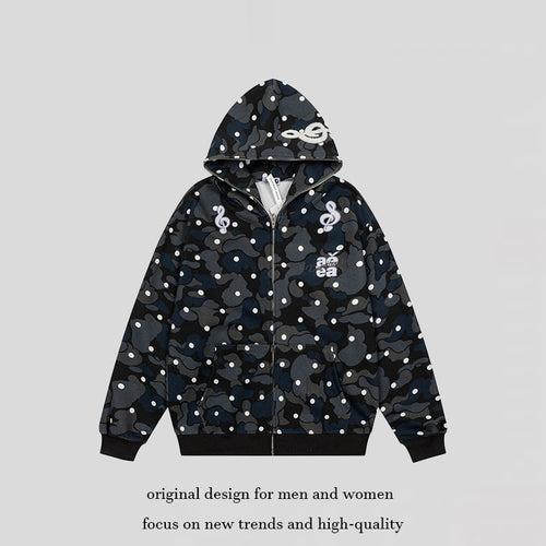 Damen Kapuzen-Sweatjacke mit Camouflage-Allover, Notenstickerei und durchgehendem Reißverschluss Shop Nory