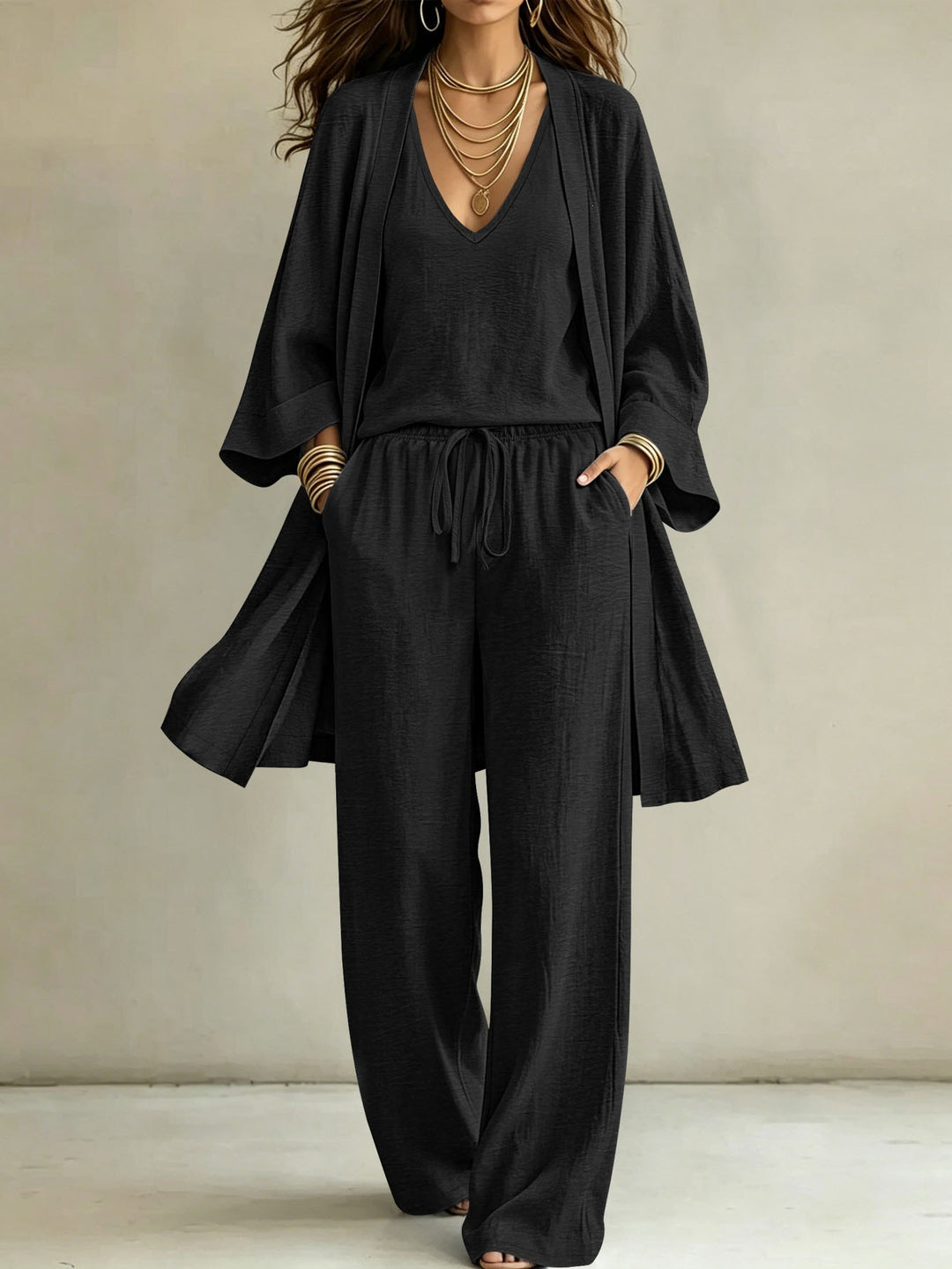 Damen Lässiges Lounge-Set mit Kimono-Cardigan, V‑Ausschnitt-Shirt und weiter Kordelhose Shop Nory