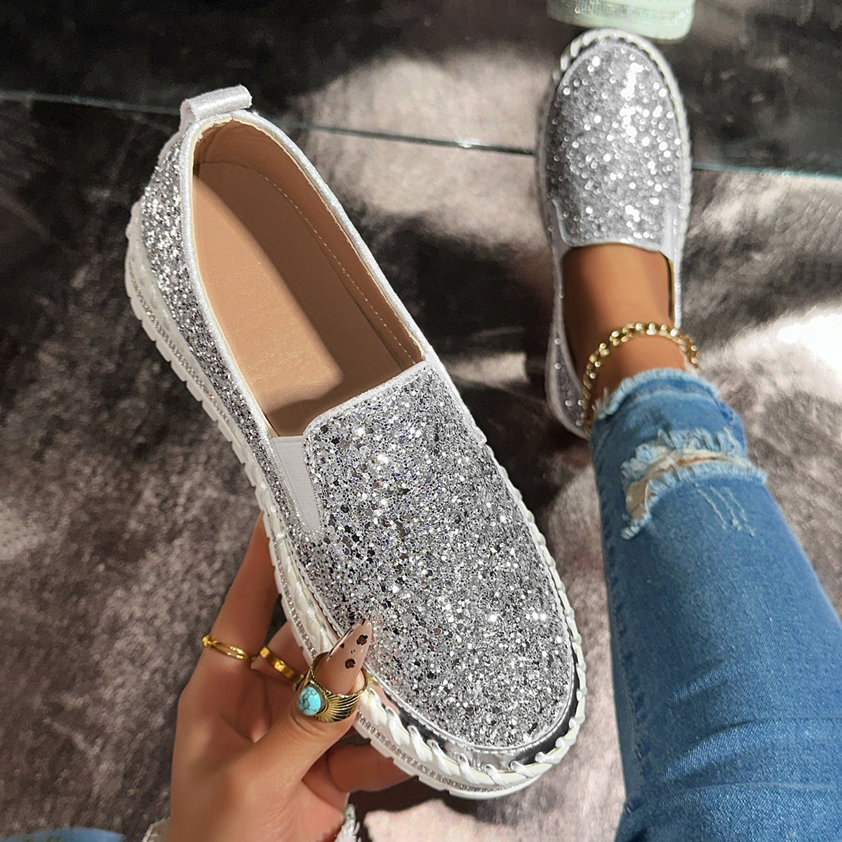Damen Glitzernde Slip-On Sneakers Shopnory