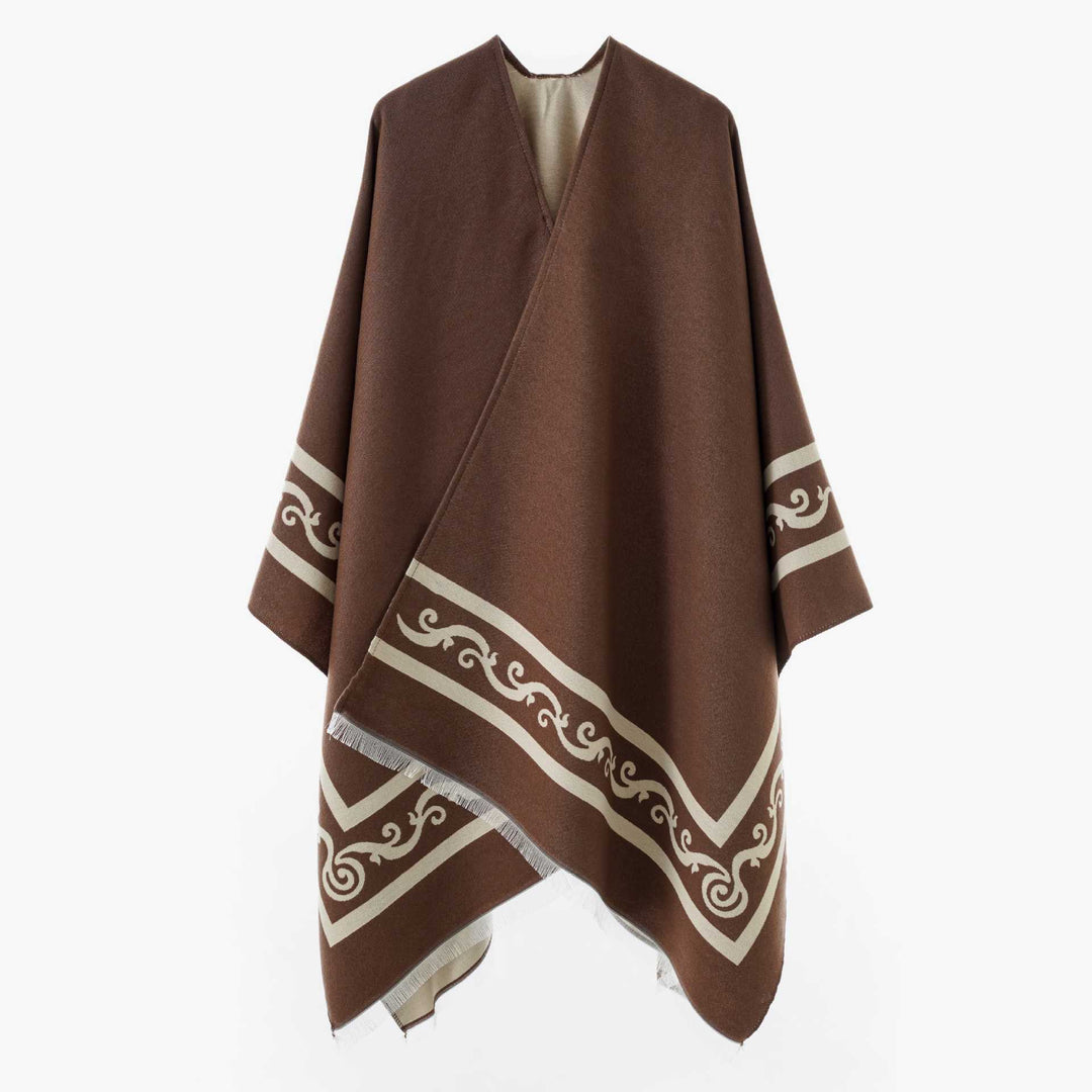 Damen Oversize Jacquard-Capeponcho aus Wollmix mit geometrischem Muster und Fransen Shop Nory