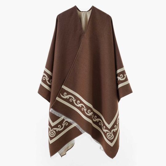 Damen Oversize Jacquard-Capeponcho aus Wollmix mit geometrischem Muster und Fransen Shop Nory