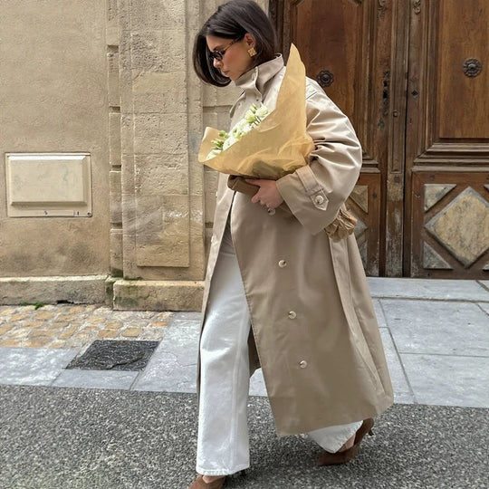 Damen Maxi-Trenchcoat mit hohem Stehkragen, doppelreihiger Knopfleiste & Taillengürtel Shop Nory