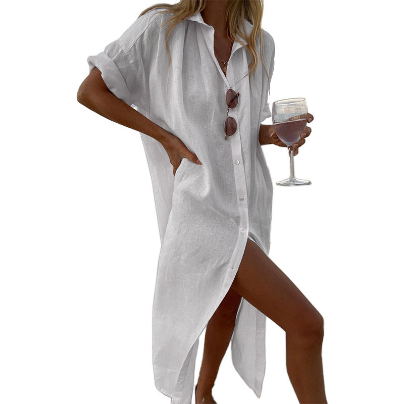 Damen lässiger Leinenhemdkleid