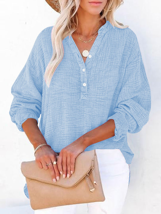 Damen Oversize Texturierte Baumwollbluse mit Henley-Knopfleiste Shop Nory