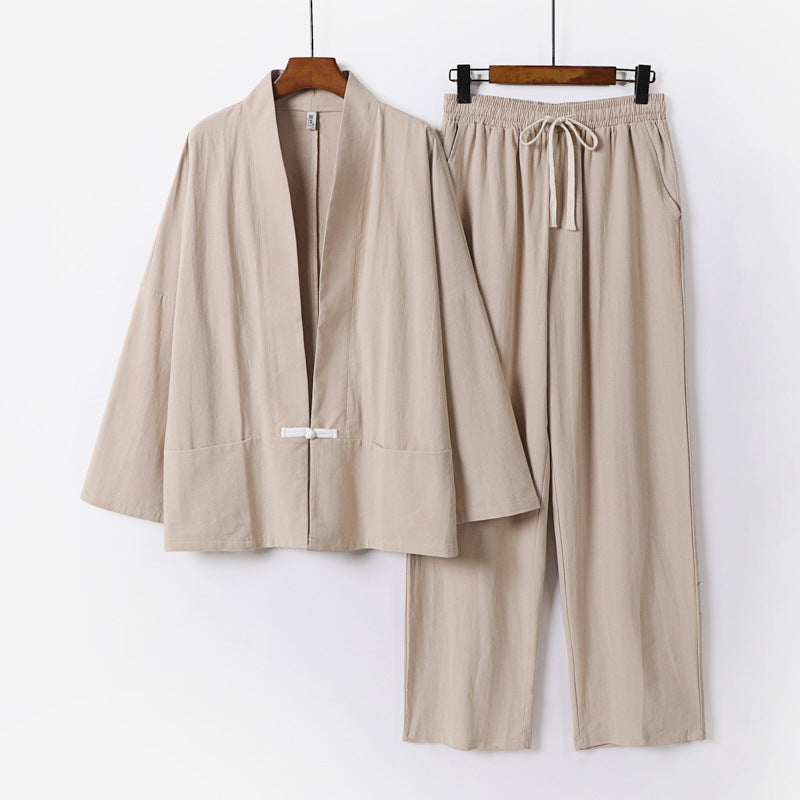 Herren Zen-inspiriertes Kimono-Loungewear-Set aus leichter Baumwollmischung mit offenem Schnitt und Kordelbundhose Shop Nory