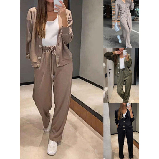 Damen Strick-Loungewear-Set mit V-Ausschnitt-Cardigan und weitem Kordelbund-Hose Shop Nory