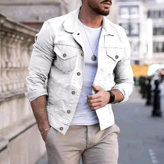 Herren nan taillierte Jeansjacke im Trucker-Stil mit Brusttaschen und Metallknöpfen Shopnory