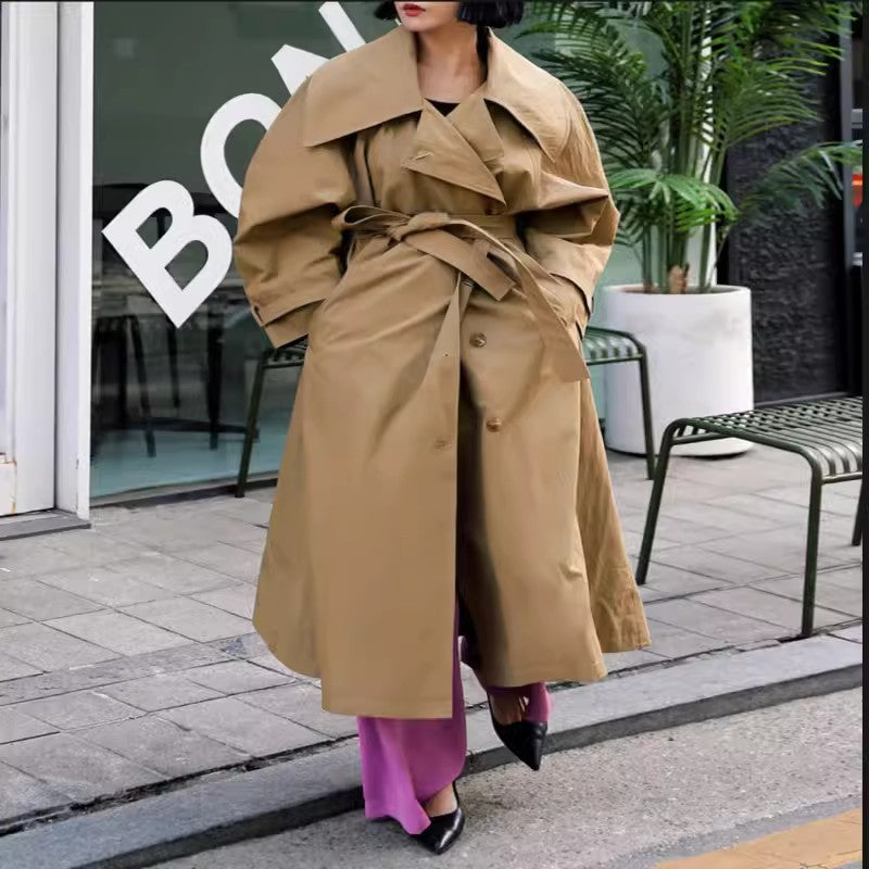 Damen Voluminöser Trenchcoat im Oversize-Look mit weitem Wasserfallkragen und Taillenbindegürtel Shop Nory