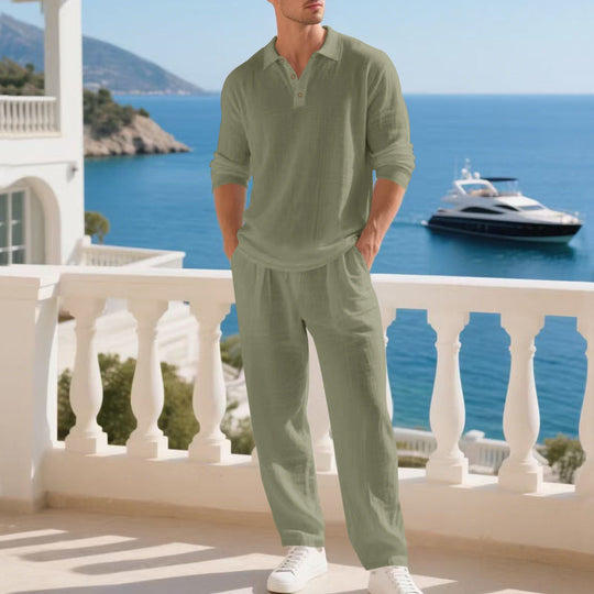 Herren nan leichtes Leinen-Ensemble mit Polokragen und elastischer Bundhose Shopnory