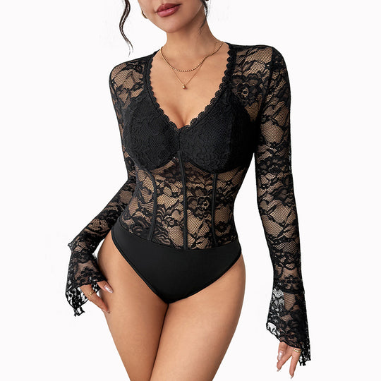 Damen Spitzen-Corsagen-Body mit geformten Cups und Trompetenärmeln Shop Nory