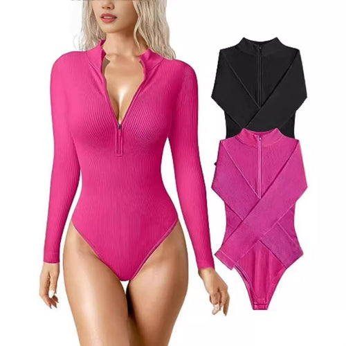 Damen Enganliegendes Rippstrick-Longsleeve mit Halbzip und Stehkragen Shop Nory