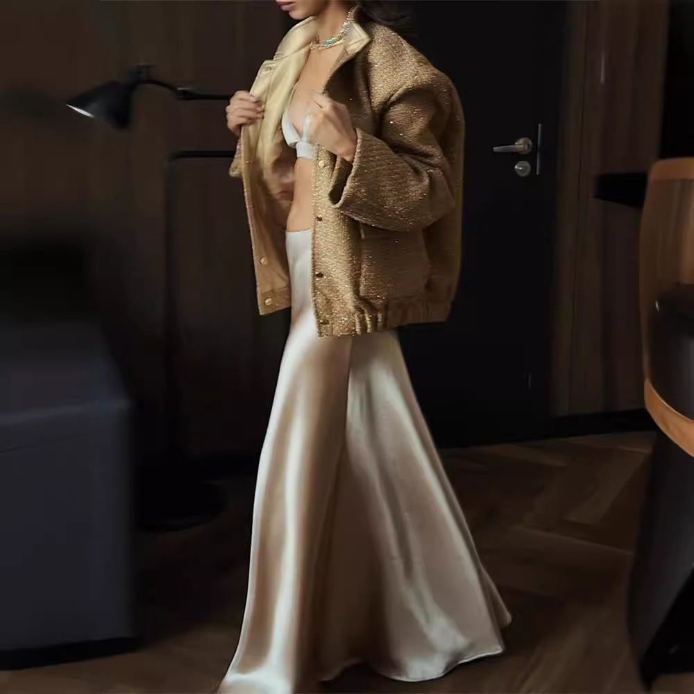 Damen Glamouröse Glitzerjacke mit oversized Schnitt und modischen Taschen