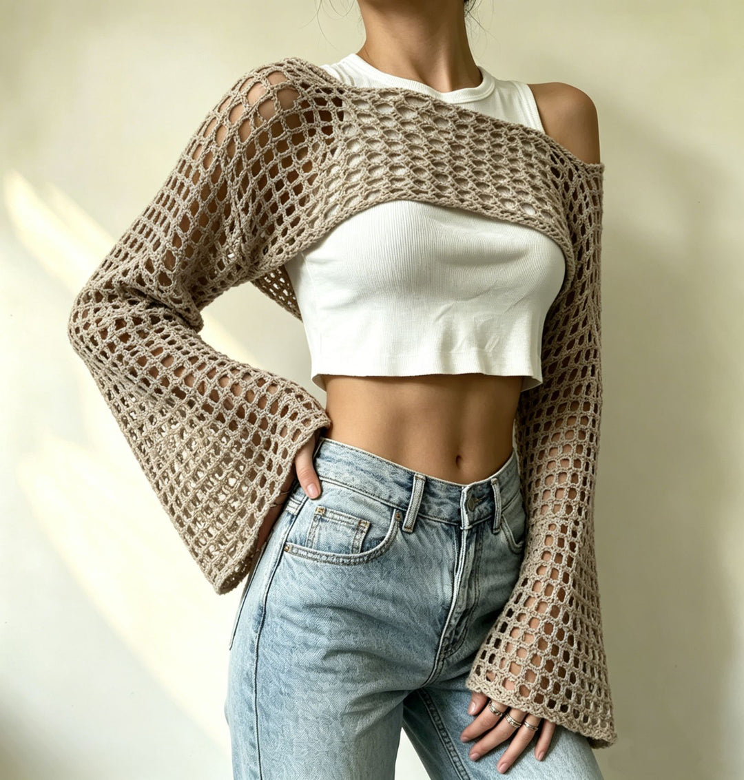 Damen gehäkelter kurzer Bolero mit asymmetrischem Schulterauschnitt und ausgestellten Ärmeln Shop Nory