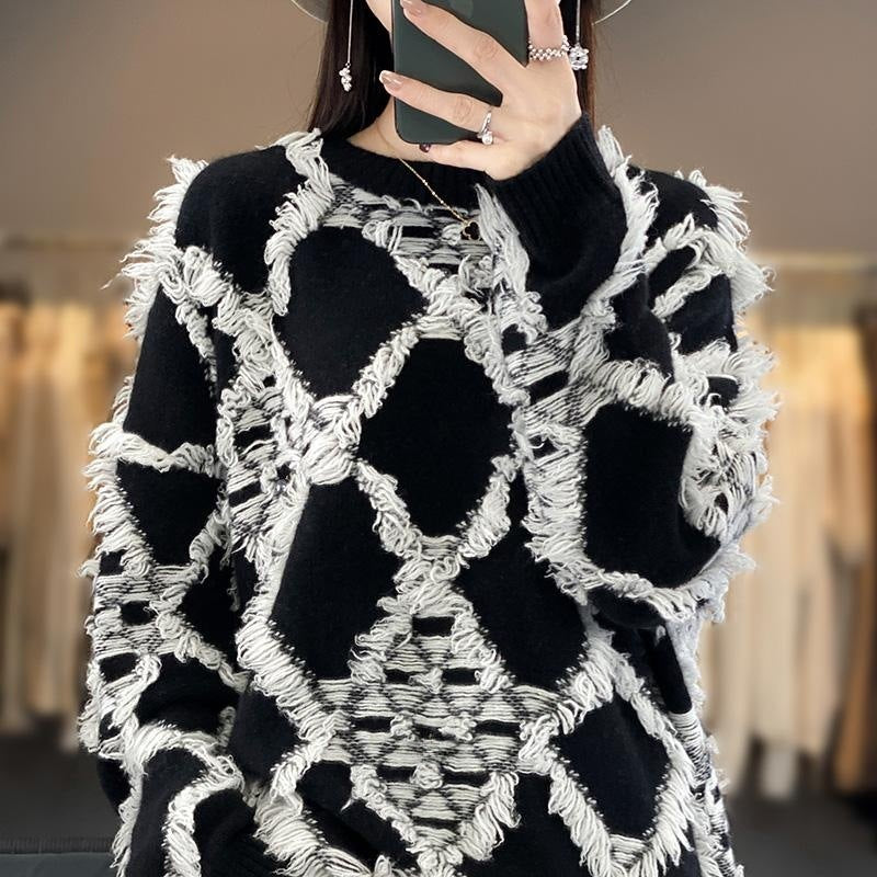 Damen Oversize-Strickpullover mit Fransen‑Diamantmuster und weicher Mohair‑Optik Shop Nory