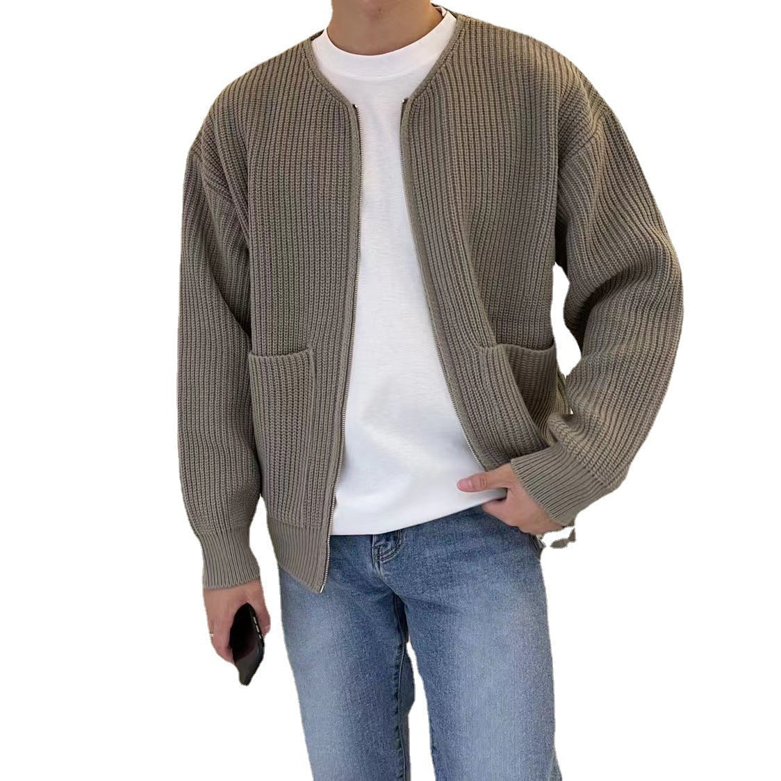 Strickjacke Lockere Passform Rippstrick Offene Vorderseite Weiches Wollgefühl