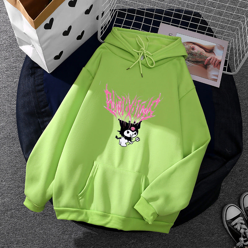 Damen nan lockeres Kapuzensweatshirt aus angerautem Fleece mit Kängurutasche und kawaii-Charakter-Print Shop Nory