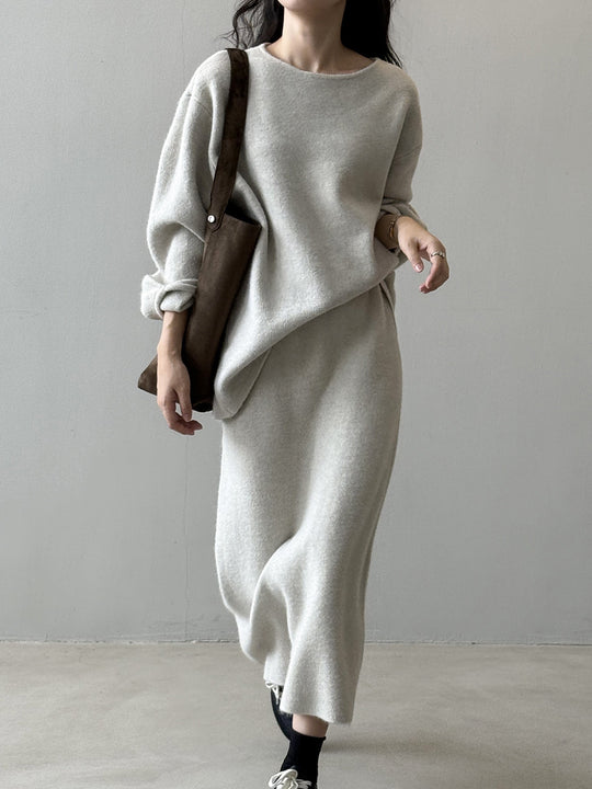 Damen Kuscheliges Strick-Set Oversize-Pullover mit weitem Rundhalsausschnitt und Midirock Shop Nory