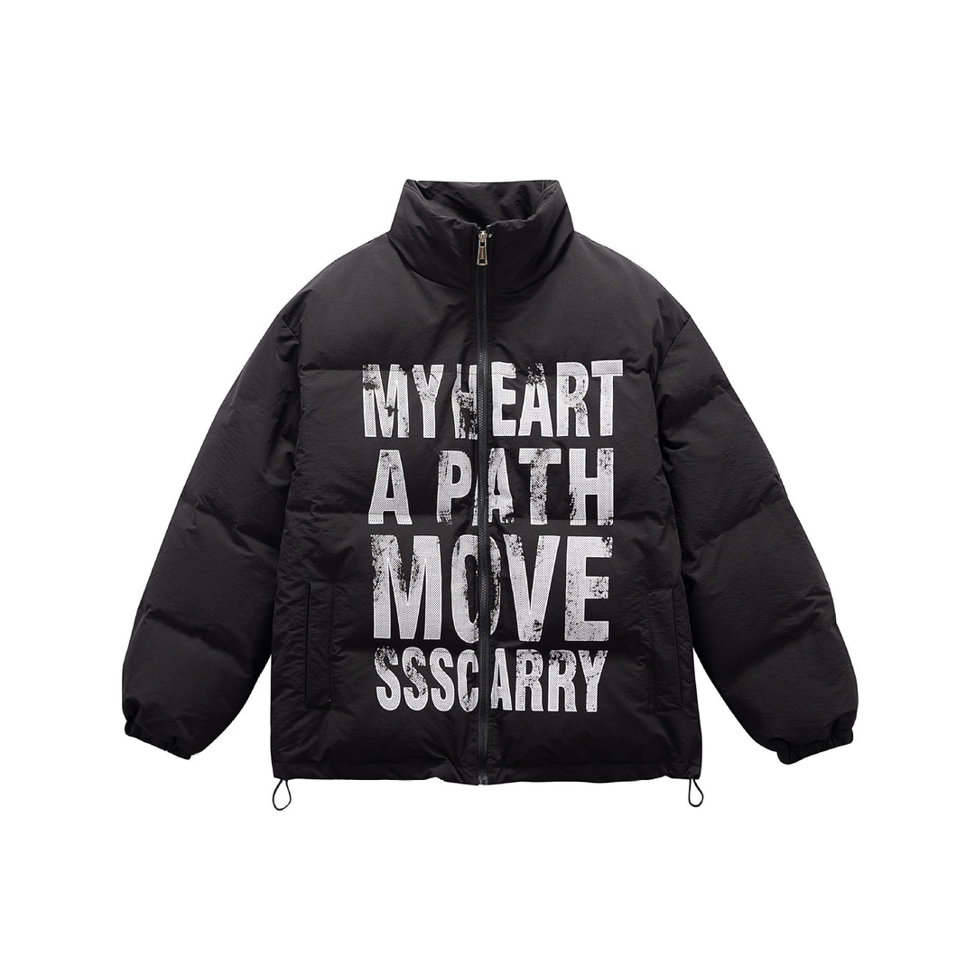 Unisex Oversize Steppjacke mit hohem Stehkragen und Statement-Print Shop Nory