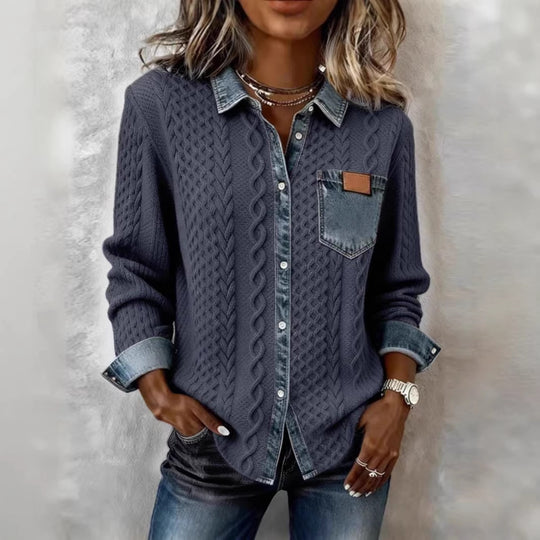 Damen nan geflochtener Strickpullover mit integriertem Jeanskragen und Brusttasche Shop Nory