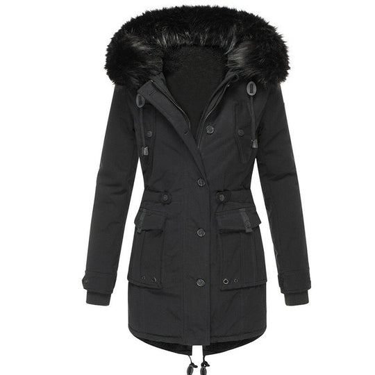 Damen Gefütterter Parka mit abnehmbarer Kunstfellkapuze, taillierter Silhouette und Utility‑Taschen Shop Nory