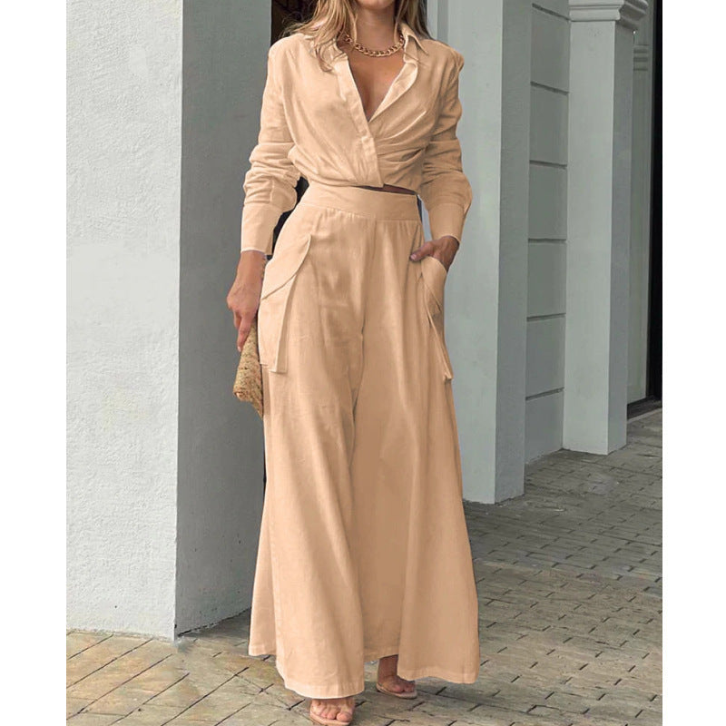 Damen Hochtaillierte weite Palazzo-Hose mit seitlicher Cargotasche und fließender Silhouette Shop Nory
