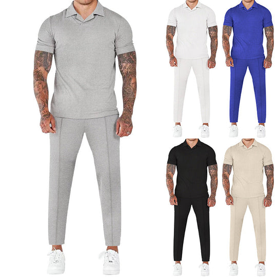 Herren elegantes Kurzarm-Hemd- und Hose-Set mit strukturiertem Design und komfortabler Passform
