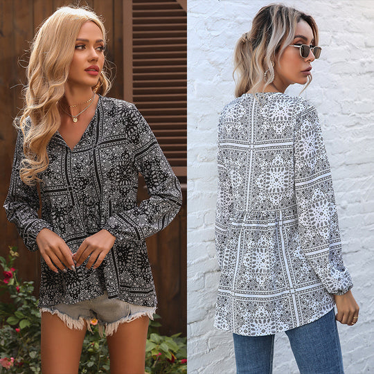Damen V-Ausschnitt-Tunika mit Paisley-Bandana-Print, QuastenbindShop Noryand und Stufenrock Shop Nory