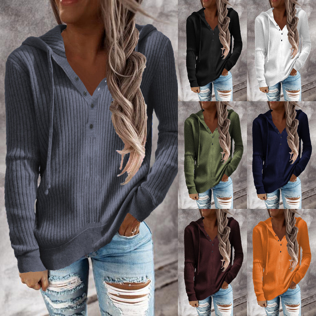 Damen Lässiger gerippter Hoodie-Pullover mit Henley-Knopfleiste und Tunnelzug Shop Nory