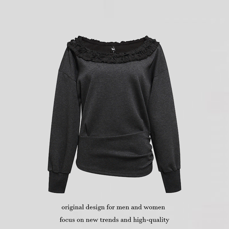 Damen Sweatshirt mit Carmen‑Ausschnitt, Spitzenrüsche und seitlicher Raffung Shop Nory
