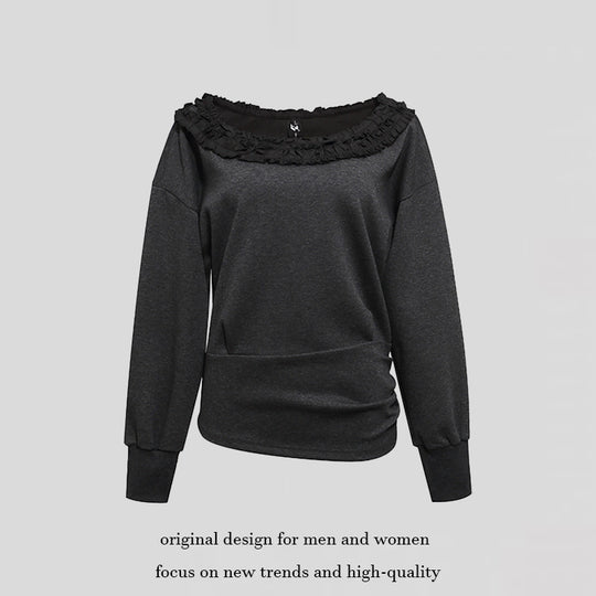 Damen Sweatshirt mit Carmen‑Ausschnitt, Spitzenrüsche und seitlicher Raffung Shop Nory