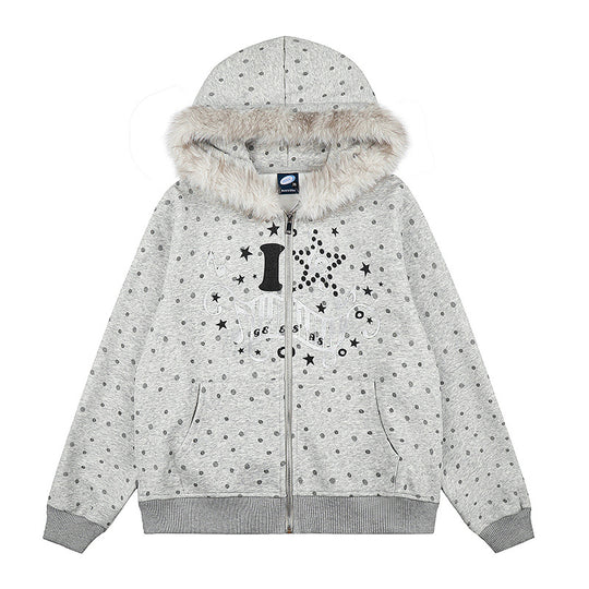 Damen Gepunktete Kapuzen-Sweatjacke mit Kunstfellbesatz, durchgehendem Reißverschluss und Kängurutaschen Shop Nory