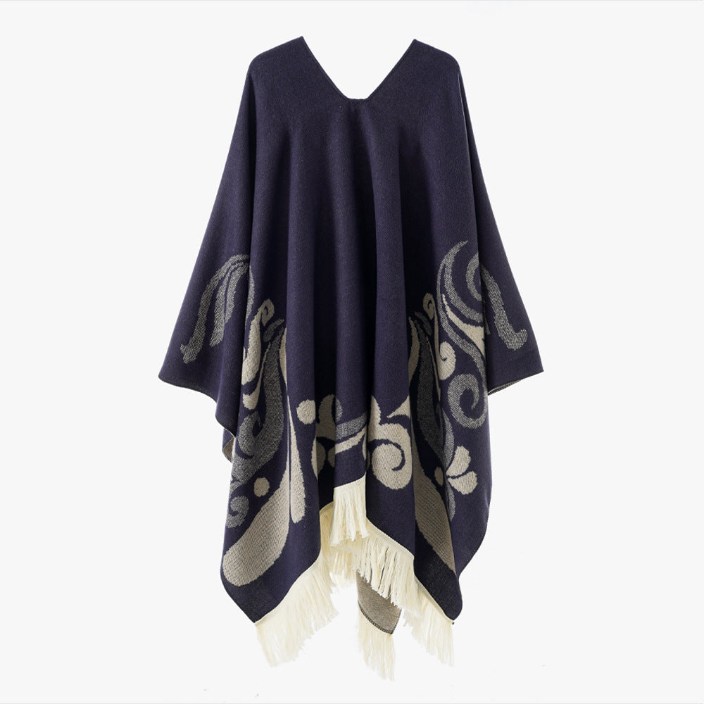 Damen Wollmix-Poncho im Umhangstil mit V-Ausschnitt, kontrastierendem Ornament-Jacquard und Fransen Shop Nory